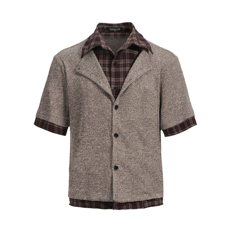 Layered stitching double collar contrast color shirt plaid cardigan short-sleeved T-shirt