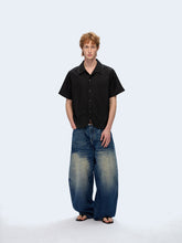 Load image into Gallery viewer, Raw edge collar faux denim print shirt short sleeves
