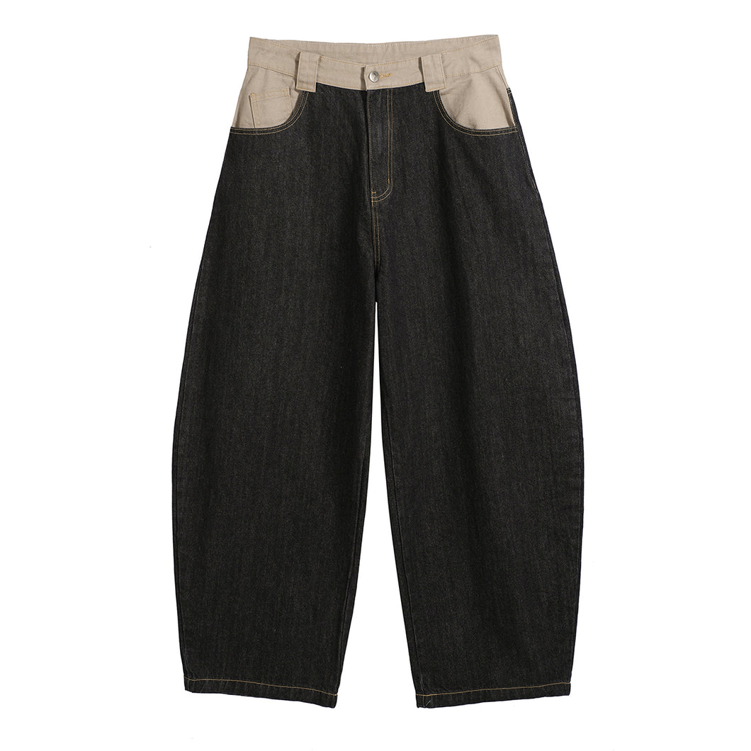 Layered contrast color machete raw denim loose versatile jeans