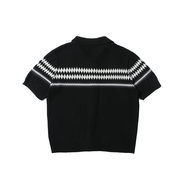 Jacquard striped lapel loose wool cardigan button short sleeve unisex T-shirt