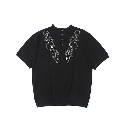 Floral embroidered knitted shirt Round neck versatile old style short sleeve T-shirt