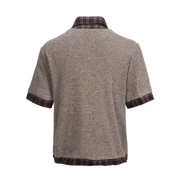 Layered stitching double collar contrast color shirt plaid cardigan short-sleeved T-shirt