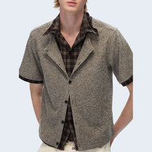 Lade das Bild in den Galerie-Viewer, Layered stitching double collar contrast color shirt plaid cardigan short-sleeved T-shirt
