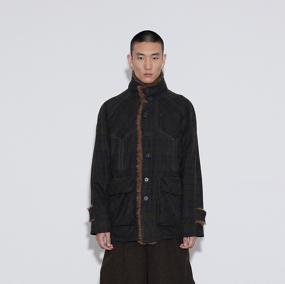 Retro Plaid Fleece-Collar Cargo Jacket, Stand-Collar Warm-Tailored Fleece-Padded Cotton Top (Unisex) for Winter