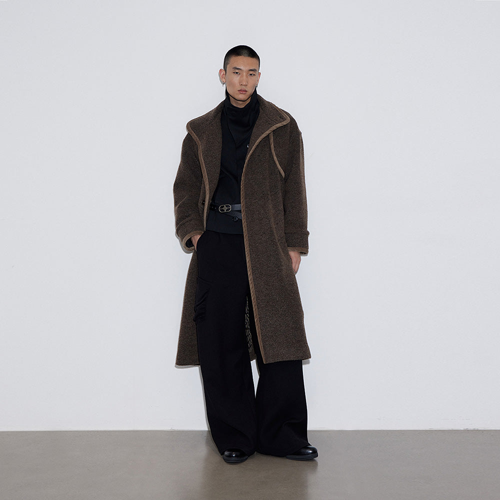 Retro Brown Wool Coat, Textured Spine-Collar Long-Length Outerwear (Unisex) for Winter