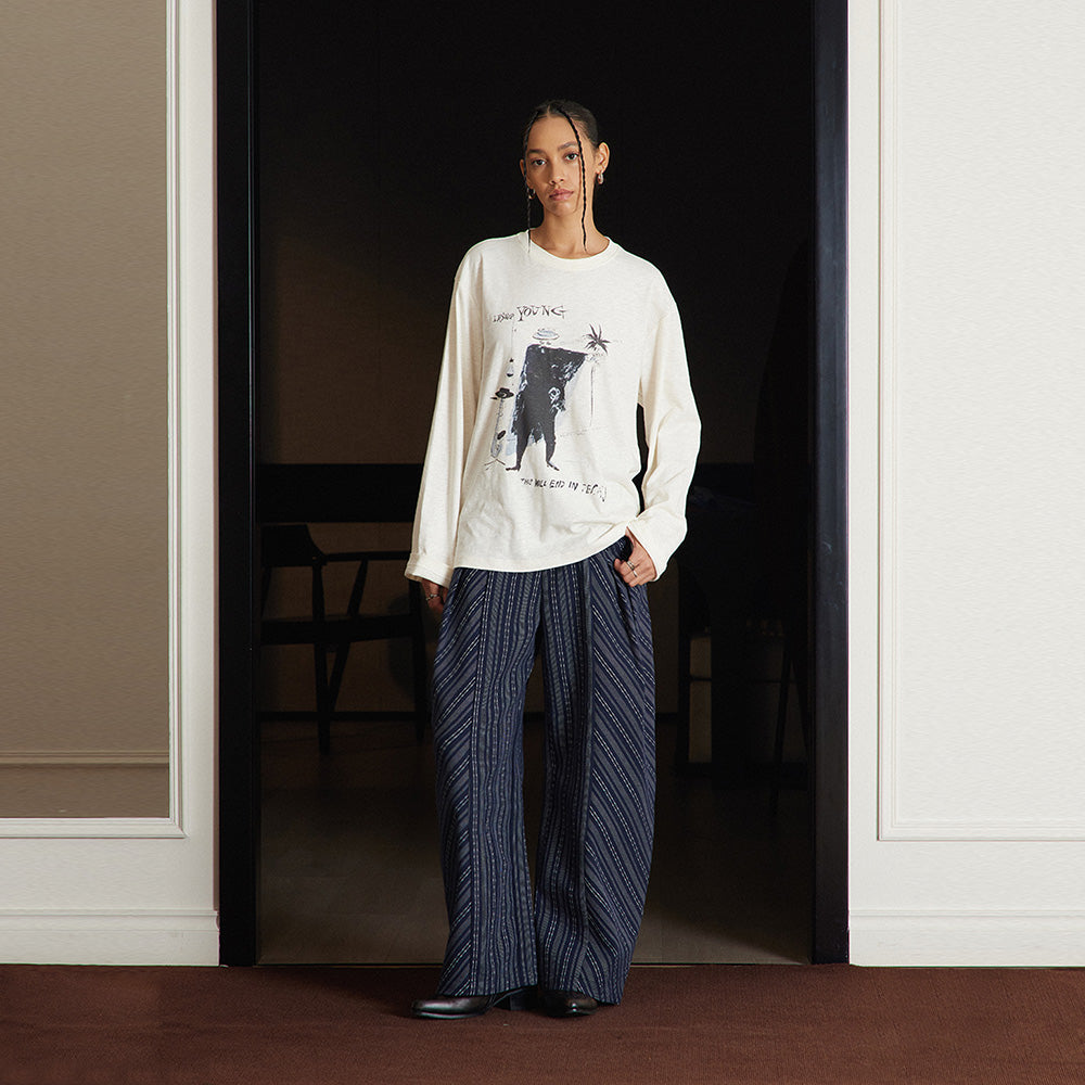 Jazz-Print Long-Sleeve Top, Loose Basic Base Layer, Unisex Crew-Neck T-Shirt