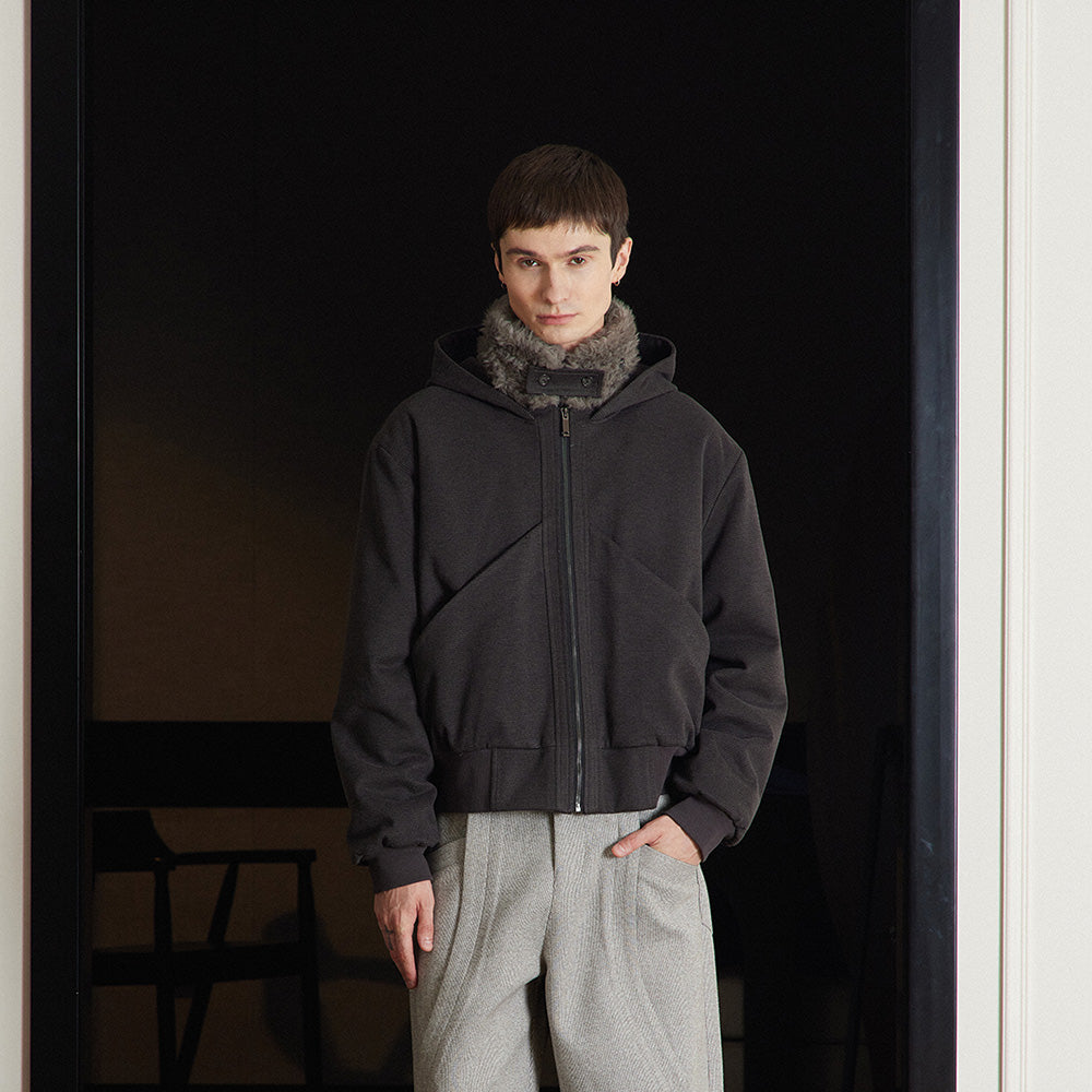 Stand-Collar Padded Cotton Jacket, Structured Fleece-Collar Hooded Top for Winter