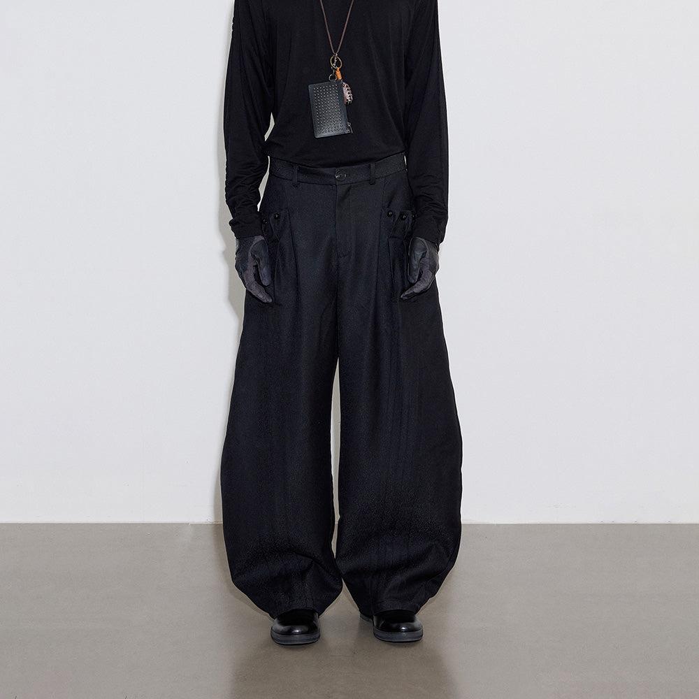3D Pleated Wide-Leg Pants, Subtle Pattern Fabric, Beaded Design, Avant-Garde Curved-Leg Pants