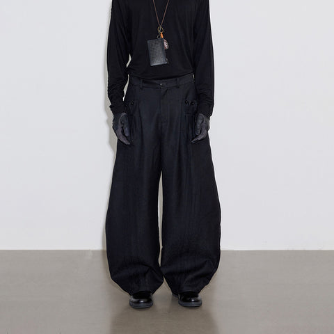 3D Pleated Wide-Leg Pants, Subtle Pattern Fabric, Beaded Design, Avant-Garde Curved-Leg Pants