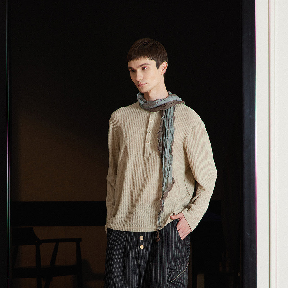 Henley Base Layer Long-Sleeve Top, Textured Fabric, Basic Versatile Loose-Fit Unisex T-Shirt