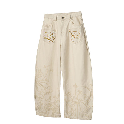 Floral Print Jeans, Embroidered Pocket Curved-Leg Wide-Leg Trousers