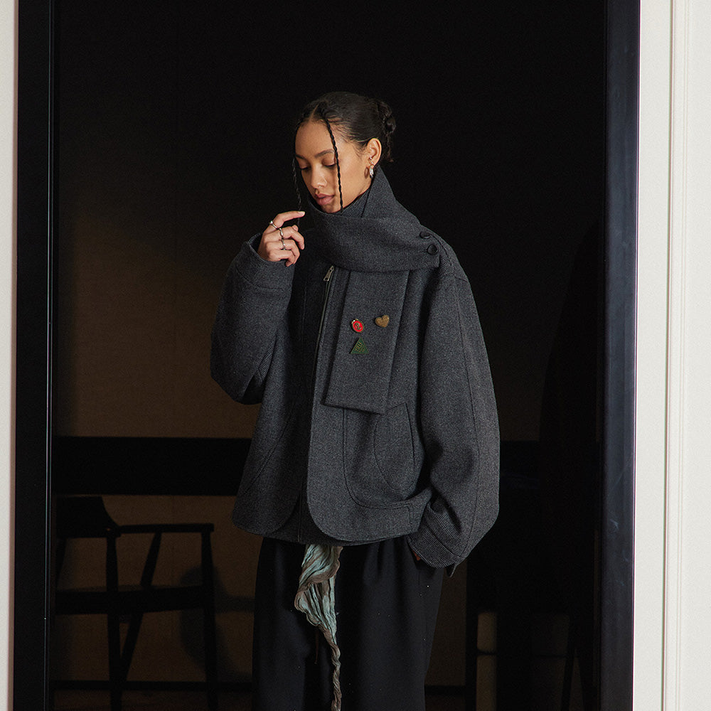 Segmented Tailored Wool Jacket, Detachable Scarf, Stand-Collar Outerwear for Autumn & Winter