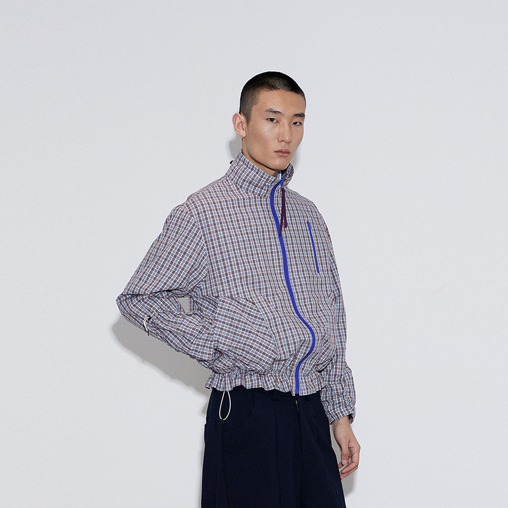 Stand-Collar Checked Jacket with Diagonal Insert Cutting & Drawstring Ruched Long Sleeves