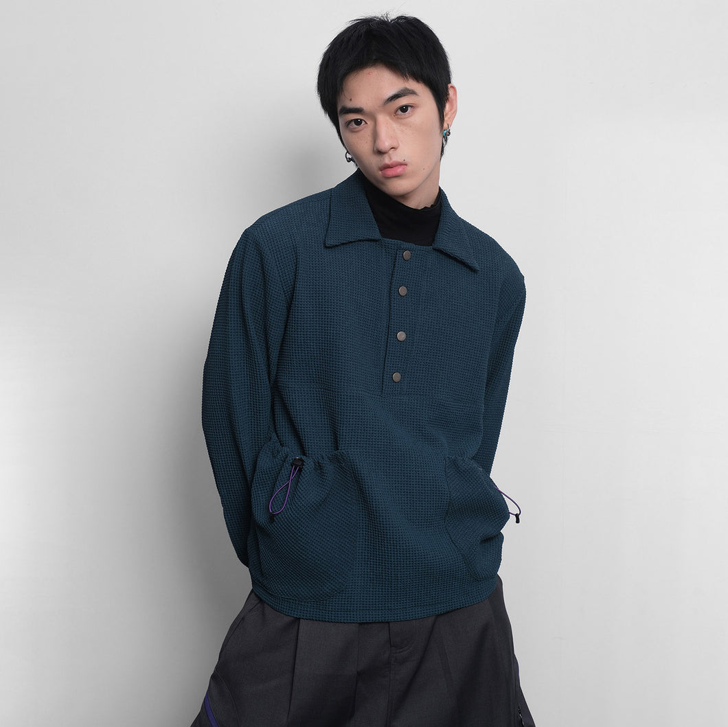 Waffle drawstring pocket shirt with lapel and button-down design Loose long sleeve top