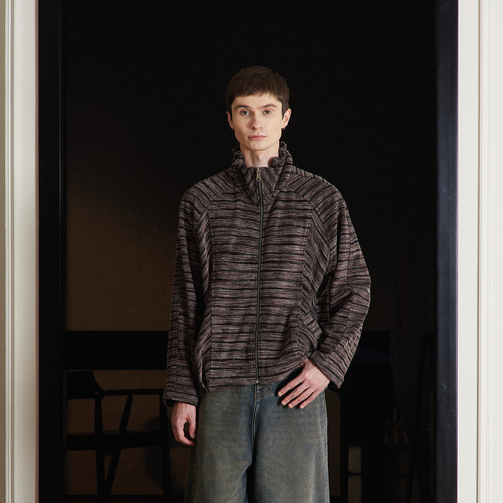 Striped Tailored Hoodie Jacket, Stand-Collar Drawstring-Adjustable Loose-Fit Top