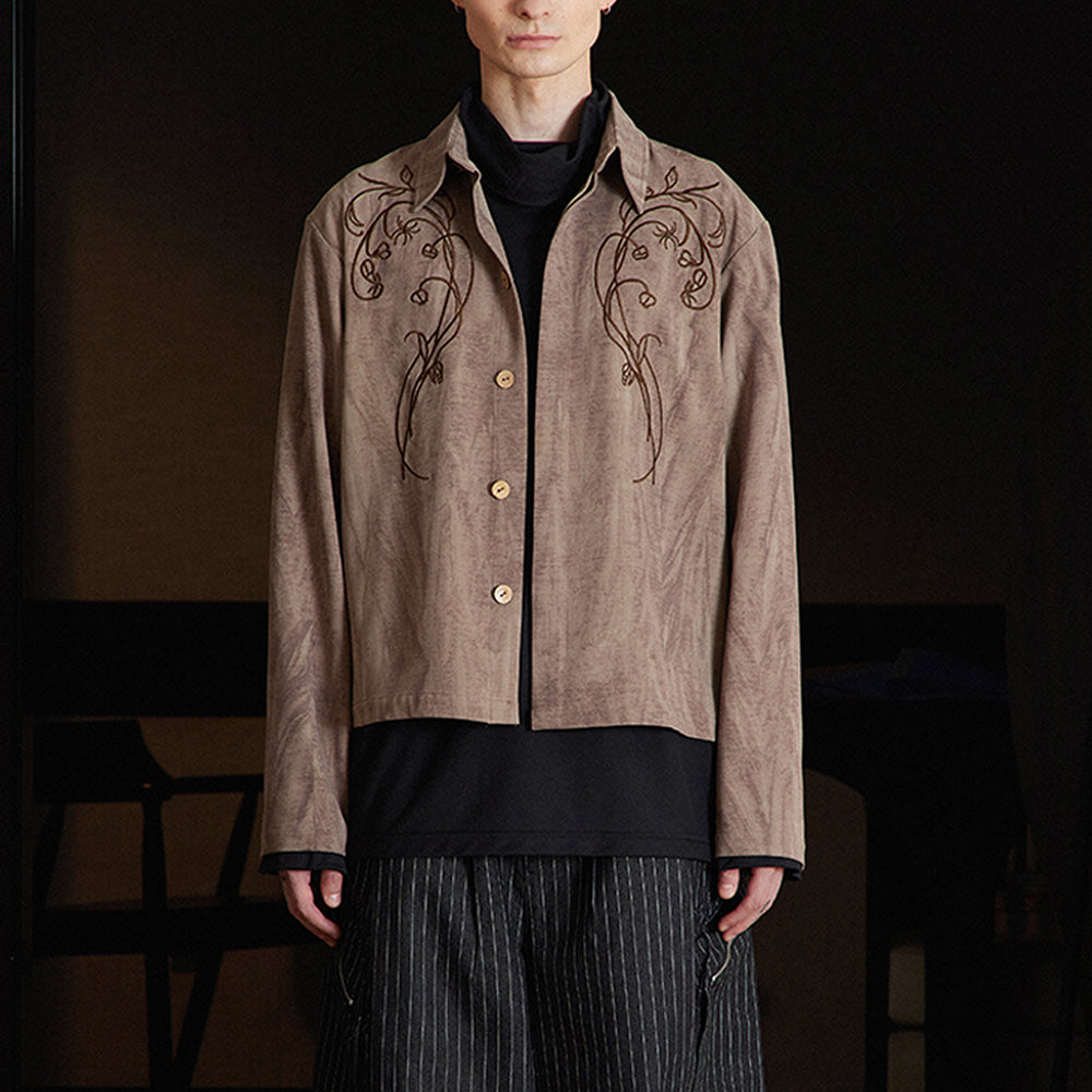 Floral Embroidered Old-Money Shirt, Retro Short-Wide Lapel Long-Sleeve Top