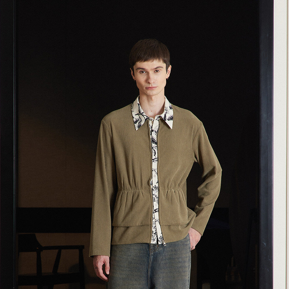 Jacquard Pleated Shirt, Contrast-Color Patchwork Versatile Slim-Fit Long-Sleeve Top (Unisex)