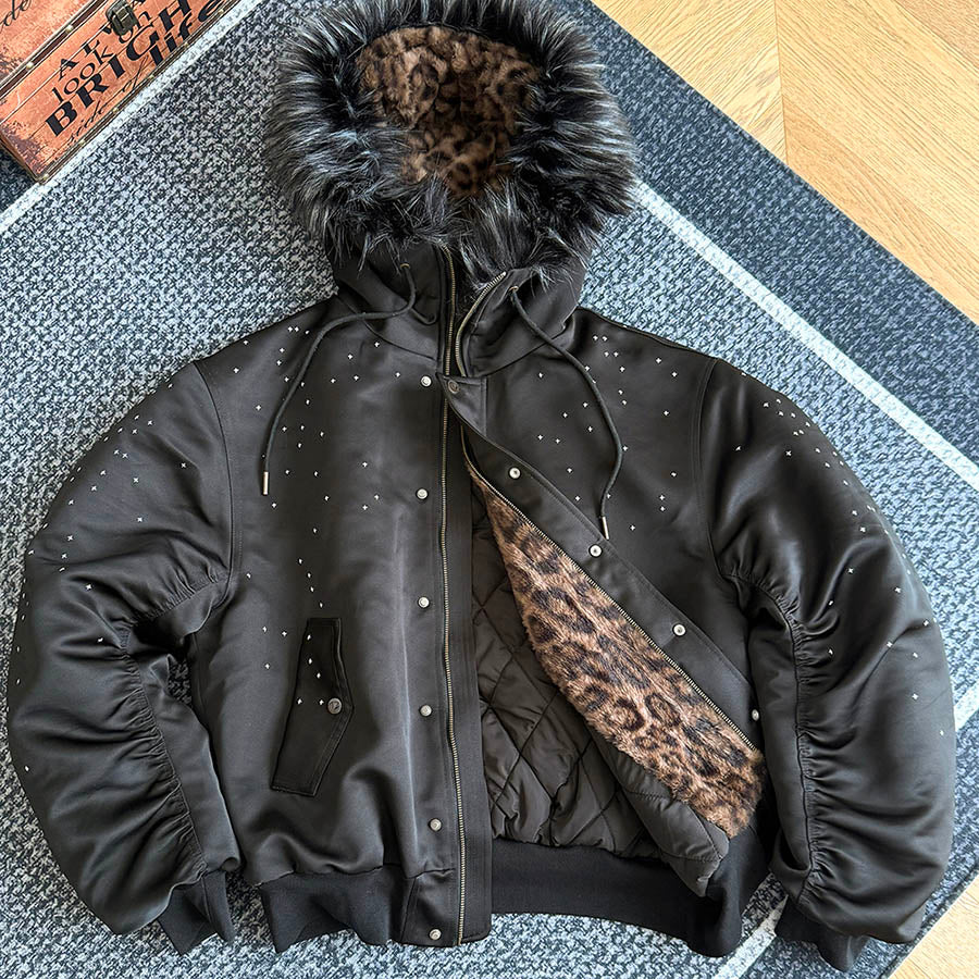 Winter Cotton Jacket with Cross Star Embroidery and Leopard Print