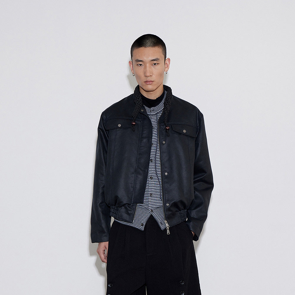 Knitted Collar Moto Leather Jacket, Washed Moto Stand-Collar Jacket Top