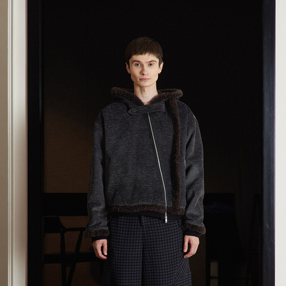 Hooded Fleece Padded Jacket with Angled Zipper & Textured Silhouette for Winter