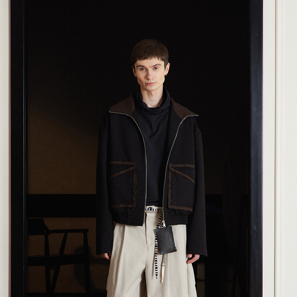 Tasseled Retro Jacket, Contrast-Color Structured Textured Stand-Collar Outerwear