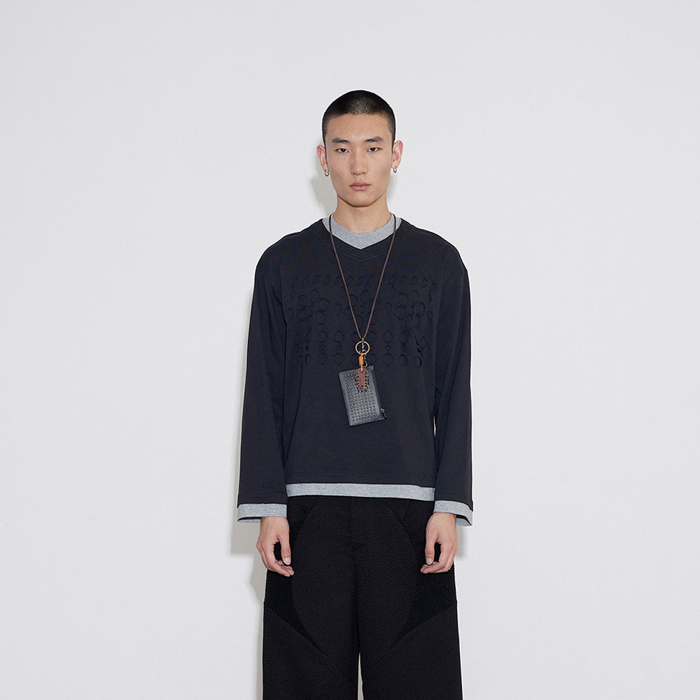 Hollow-Out Contrast Color Layered Base Layer, Unisex Loose-Fit Long-Sleeve T-Shirt