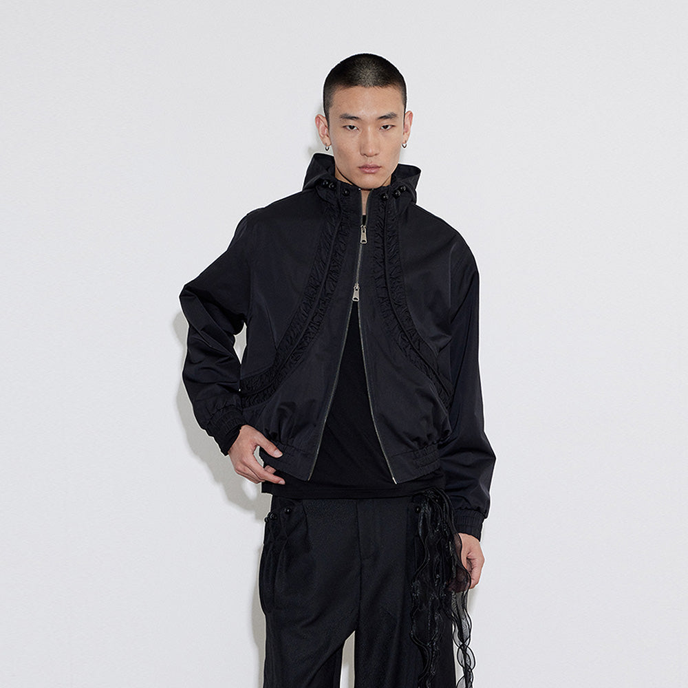 Hooded Zip Cardigan-Style Jacket with Paneled Ruches, Loose-Fit Cropped Outerwear