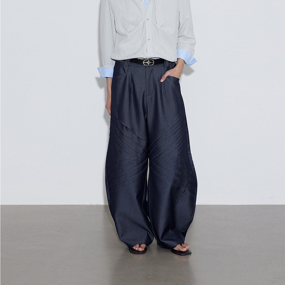 Curved-Leg Pleated 3D Tailored Trousers, Denim-Look Wide-Leg Dress Pants