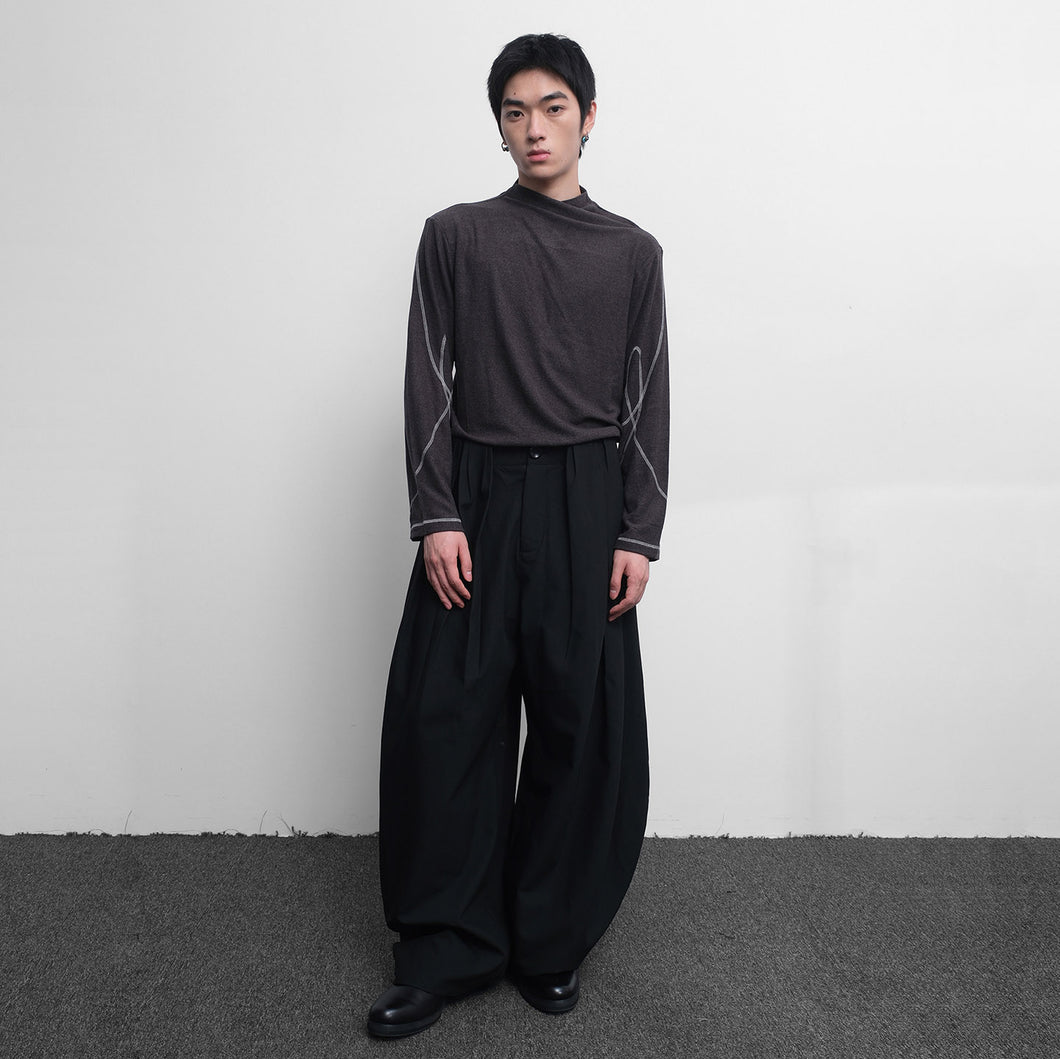 Slant collar topstitched long sleeves knit top with pleated neckline