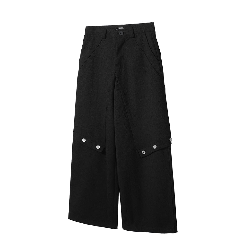 Structured Tailored Trousers, Metal Buttons, Textured Fabric Loose-Fit Pants