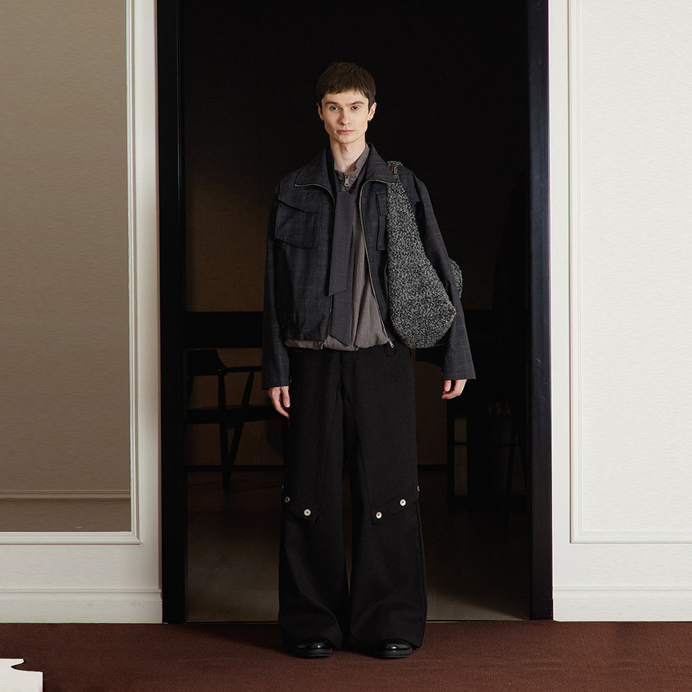 Checked Utility Jacket, Short and Wide Fit, Stand-Collar & Convertible Lapel Two-Way Coat