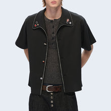 Lade das Bild in den Galerie-Viewer, Colorful button-down striped shirt with V-neck cardigan and short-sleeved T-shirt
