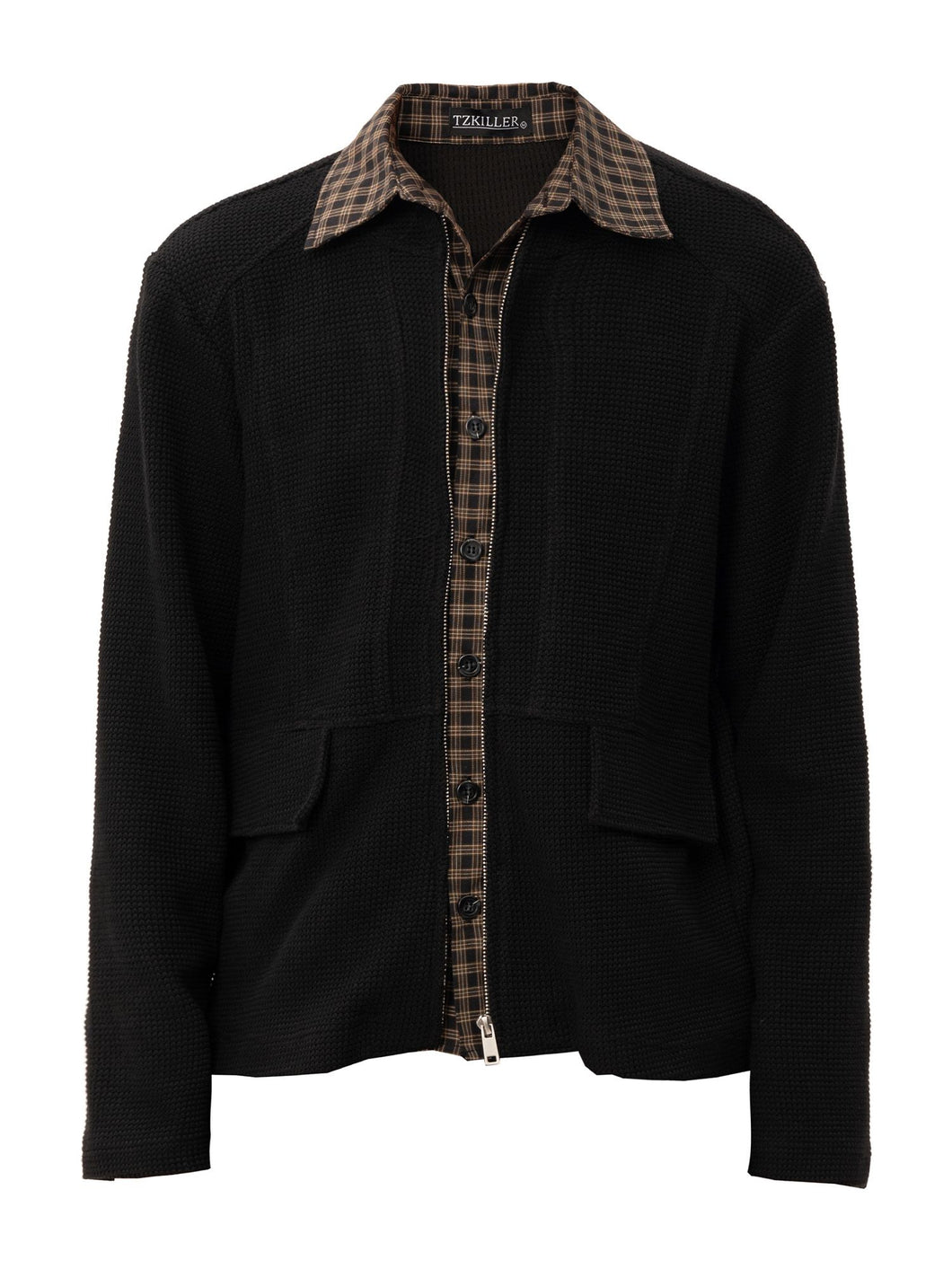 Layering Waffle Fabric Boxy Fit Stitching Lattice Shirt