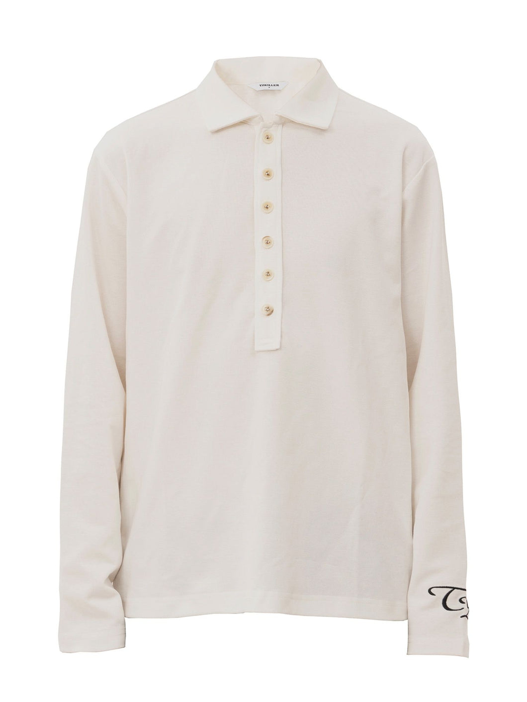 Henley Collar Washed Embroidery Polo - White