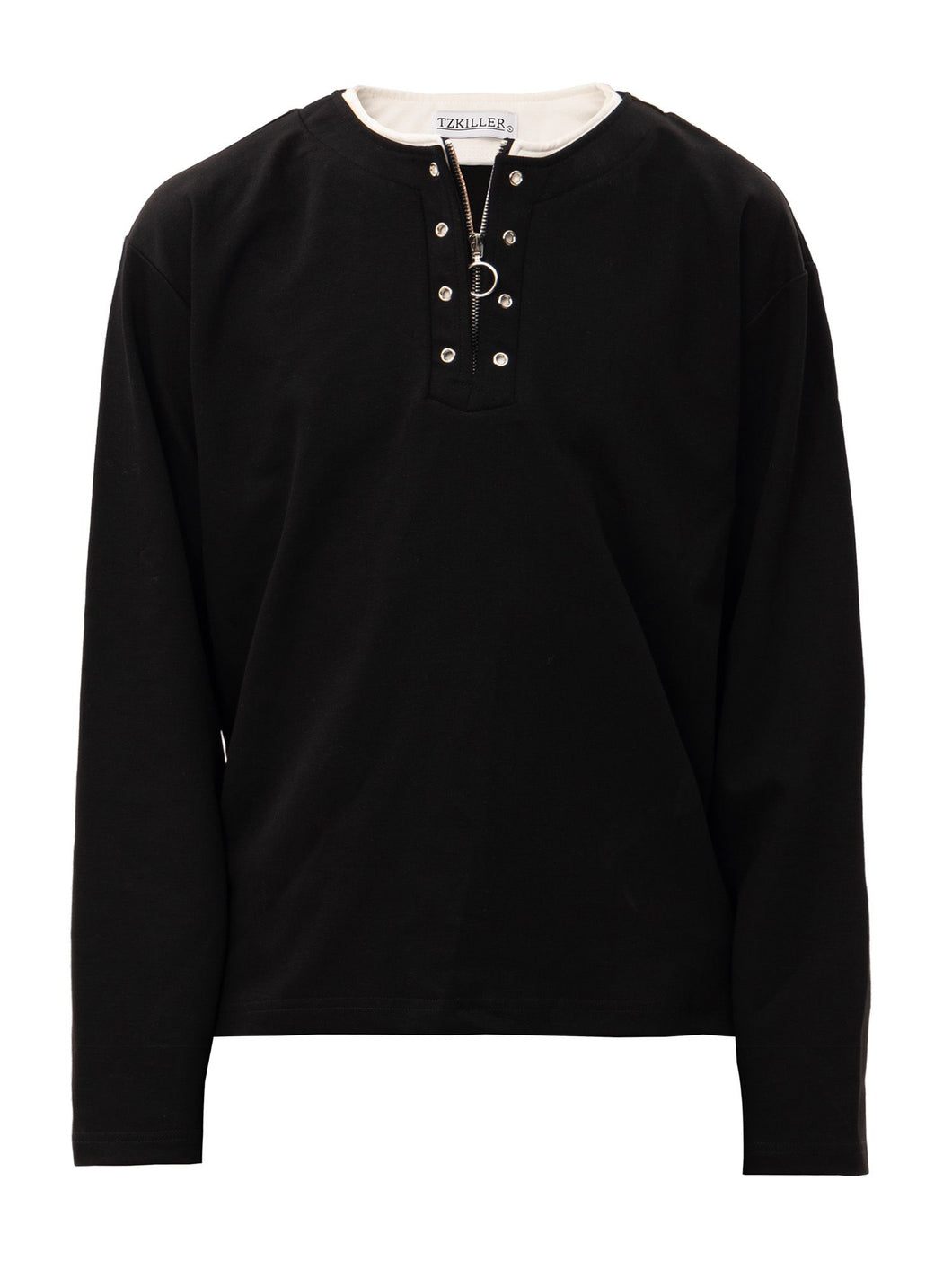 Contrast Layered Zip-Up Neckline Lax T-Shirt - Black