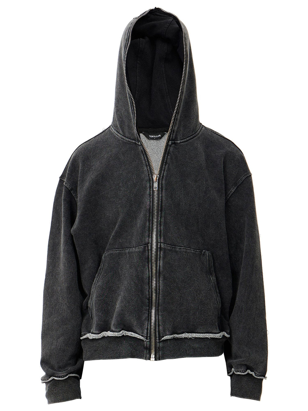 Washed Distressed Zip-Up Hooded Boxyfit Jacket